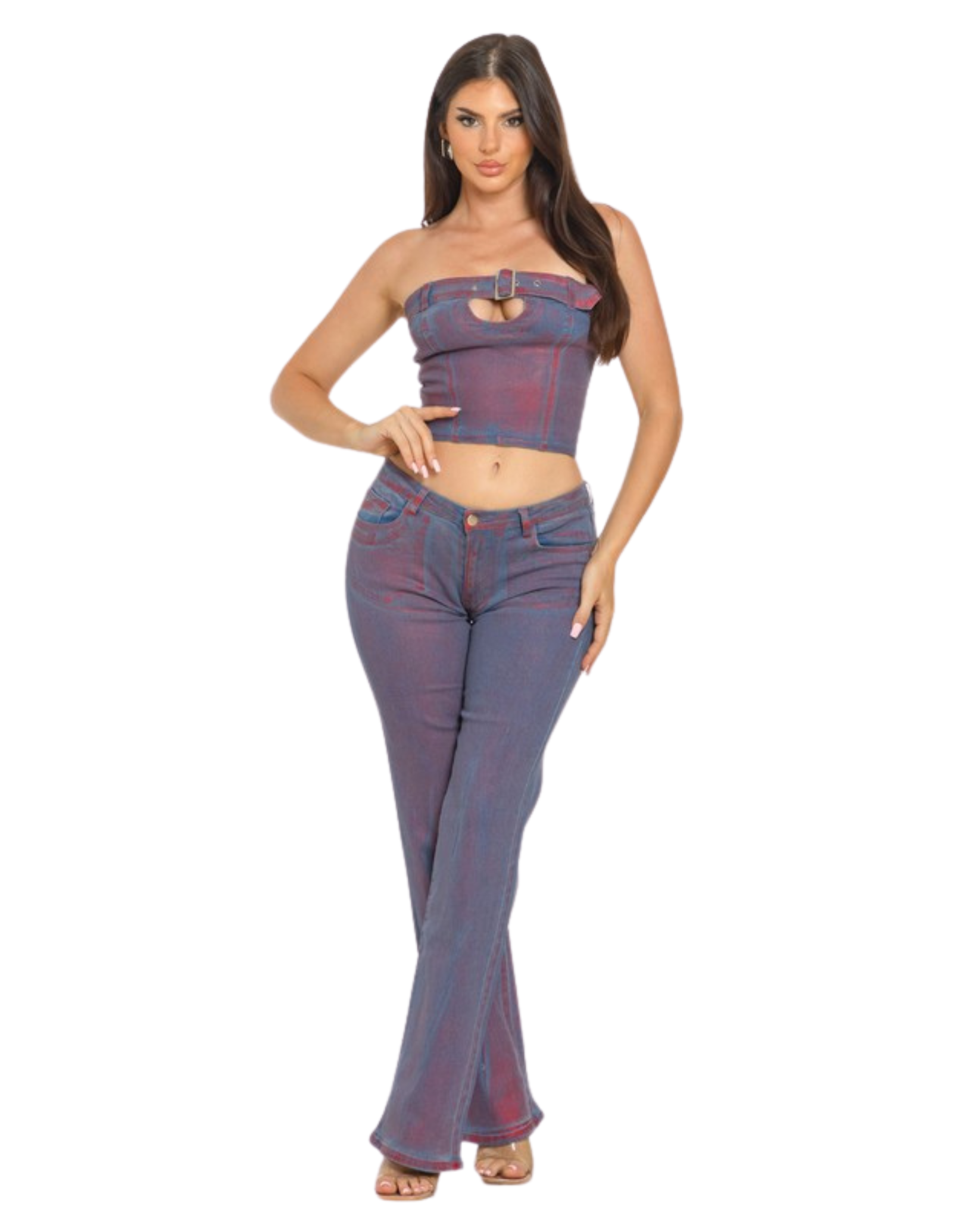 Womens Metallic Belted Denim Top & Pants Set