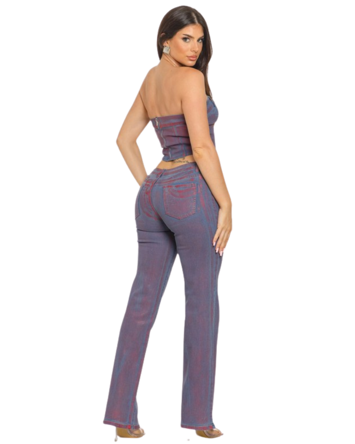 Womens Metallic Belted Denim Top & Pants Set