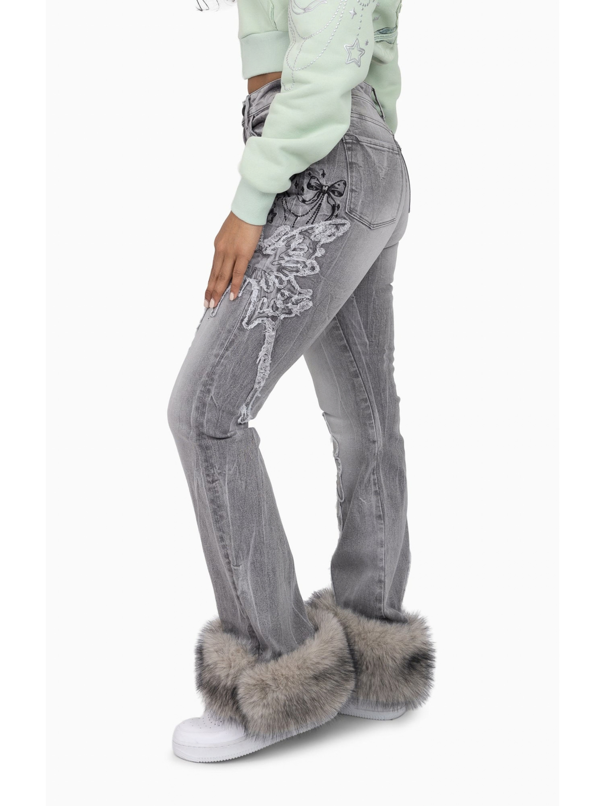 Womens Butterfly High Boot Fur Jeans