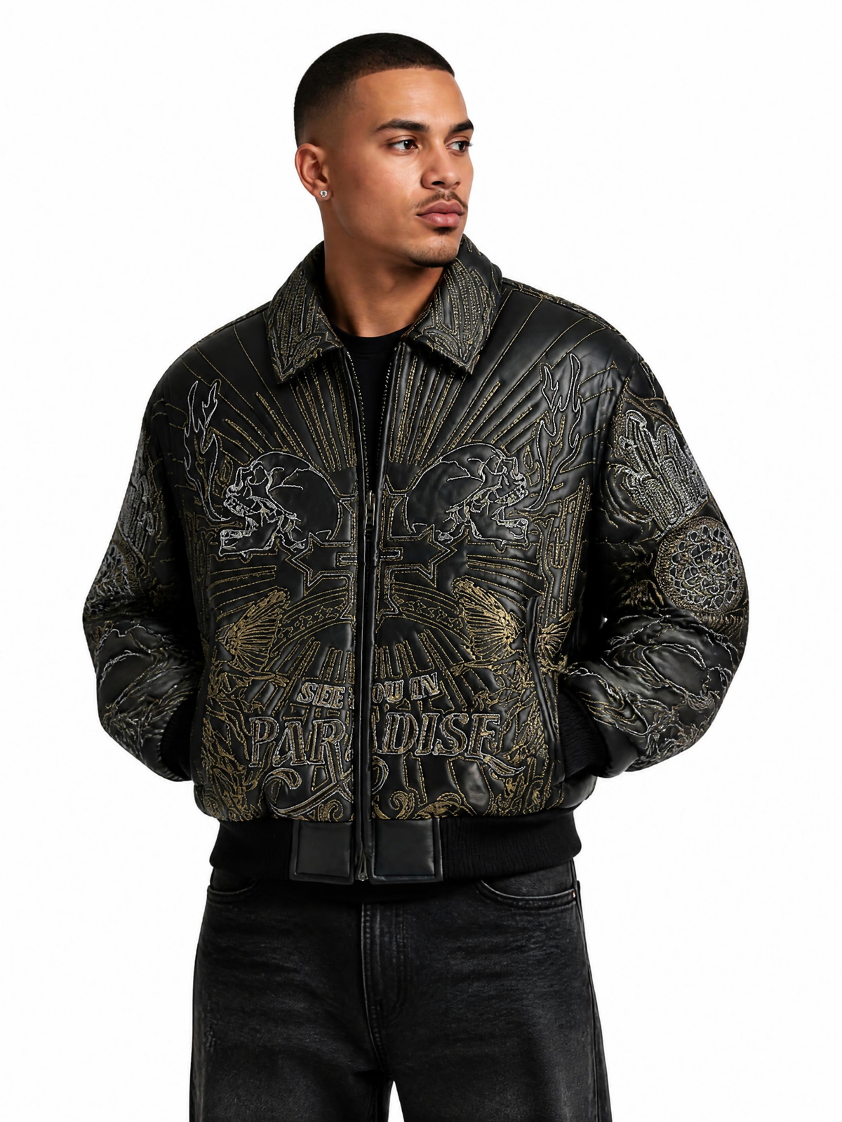 Mens Gold Double Skull Zipped Jacket