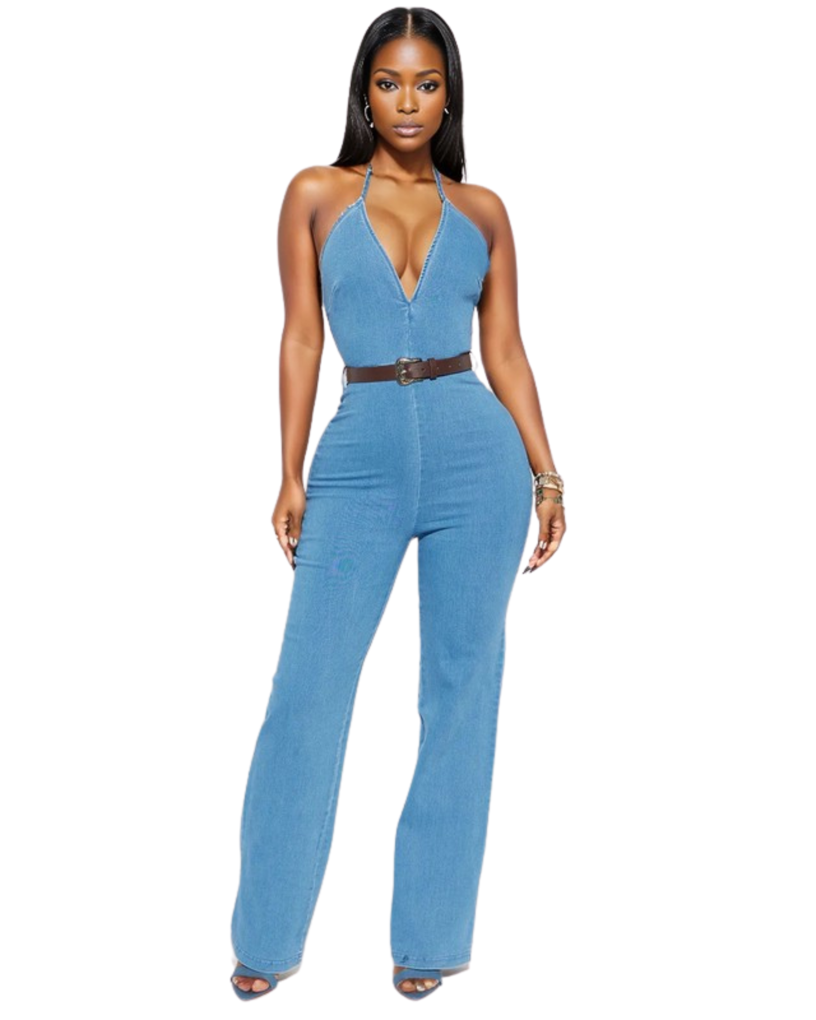 Womens Leather Belted Denim Jumpsuit