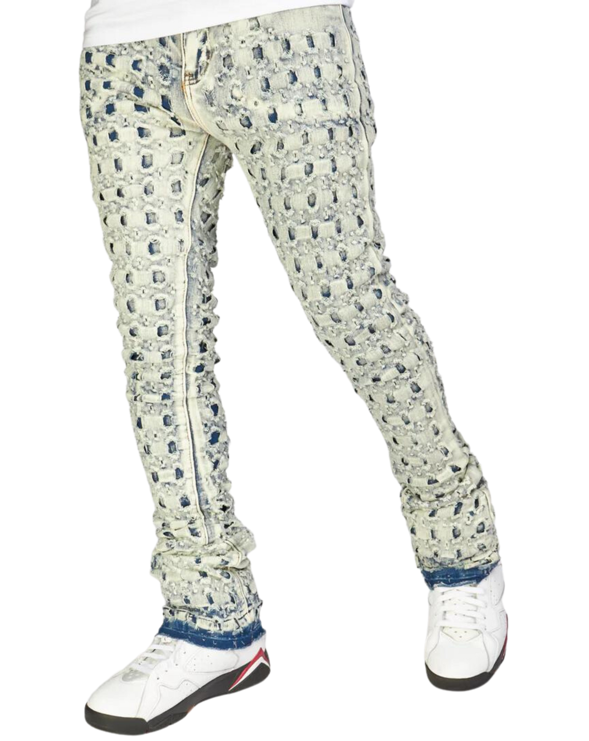 Mens Checkered Pattern Stacked Jeans 5810