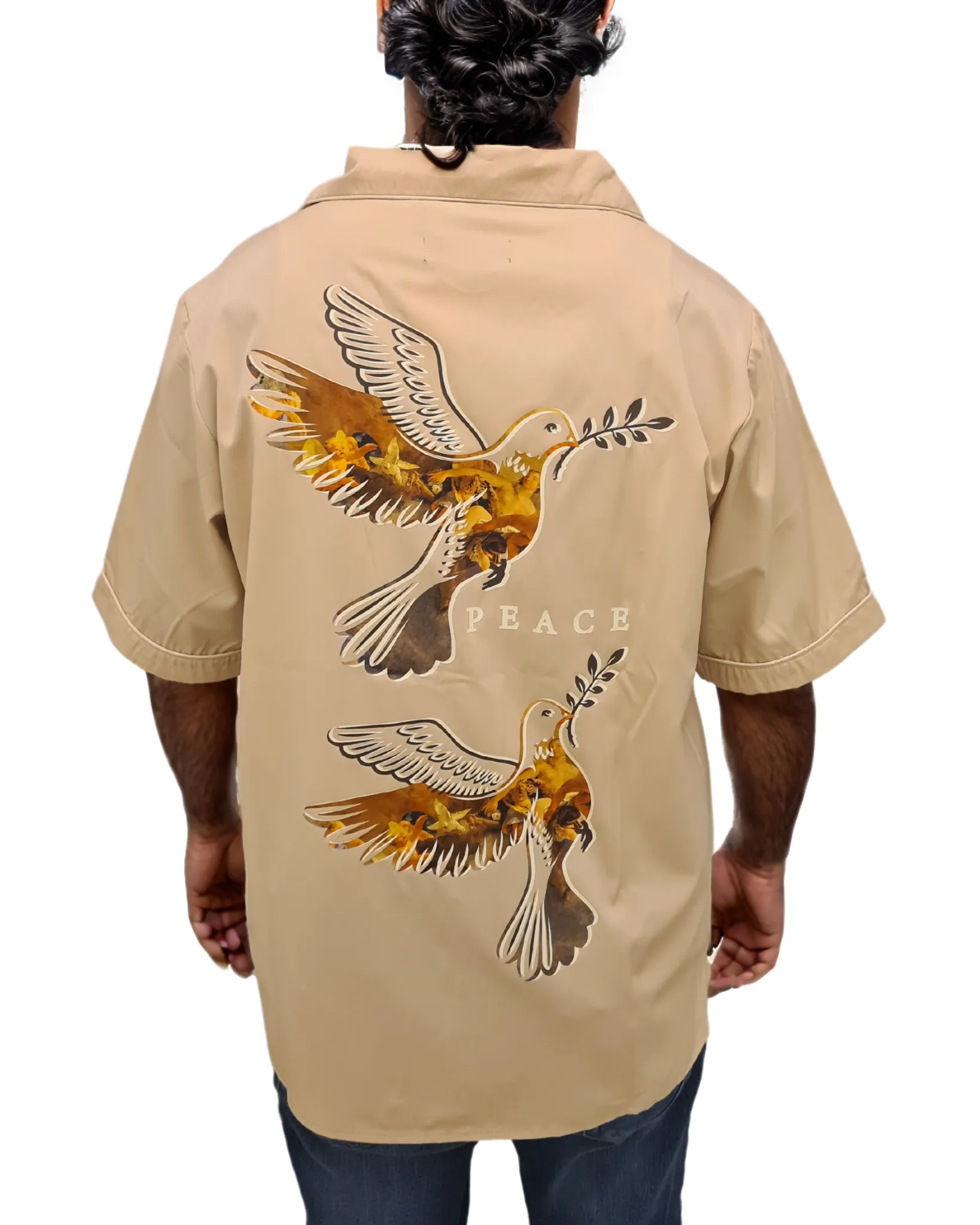 Mens Peace Embroidered Button Down Shirt