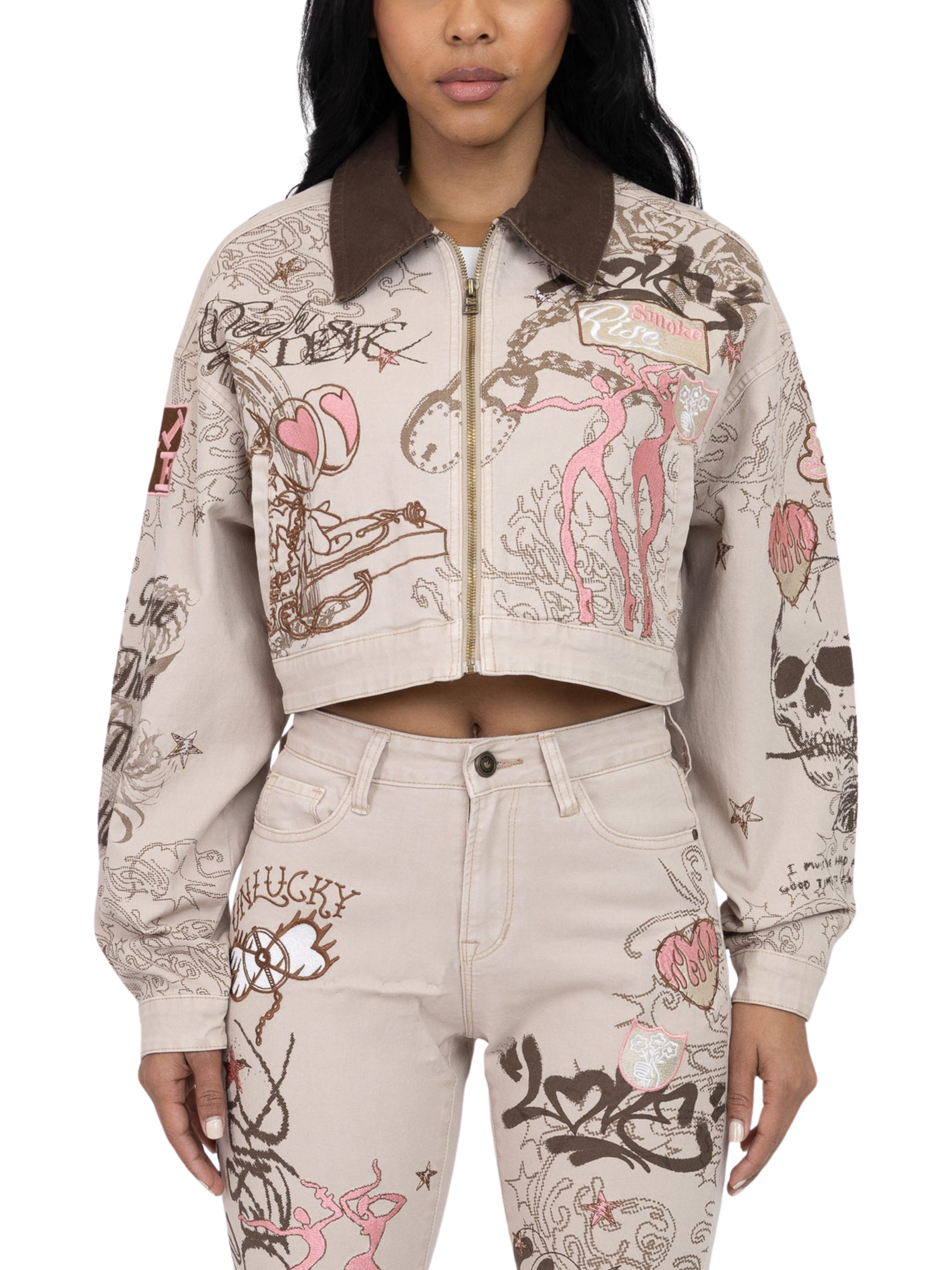 Womens Embroidered Print Zip Jacket