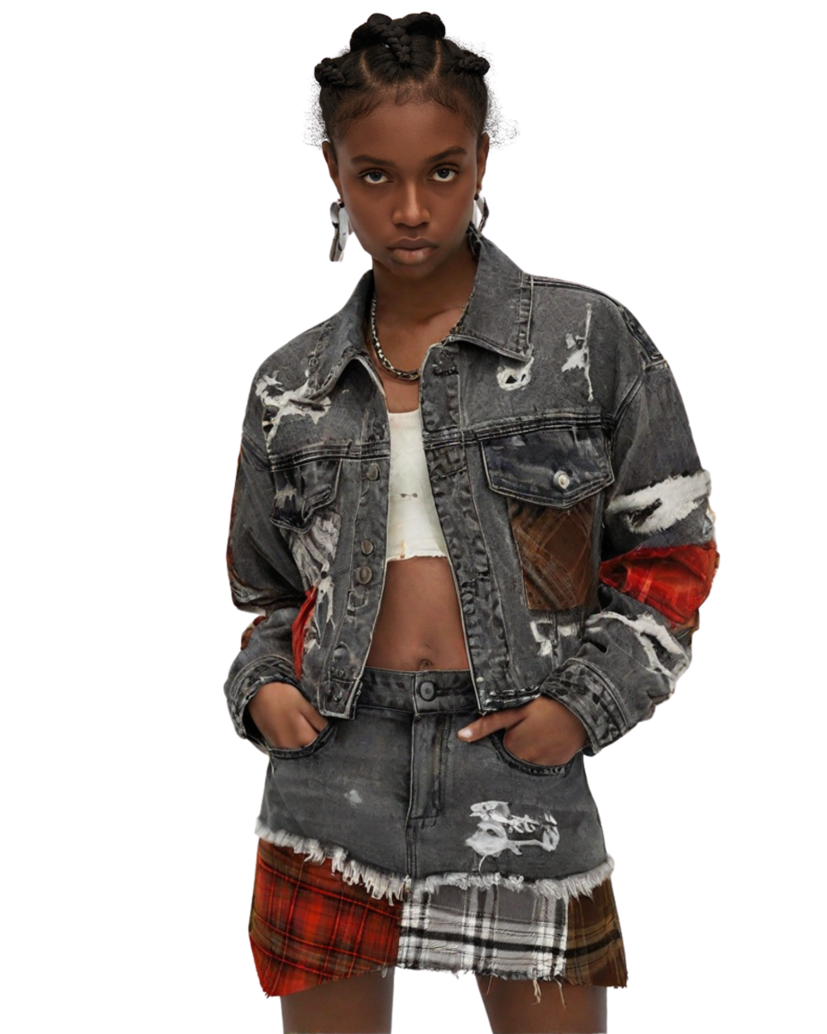 Womens Plaid Applique Denim Crop Jacket