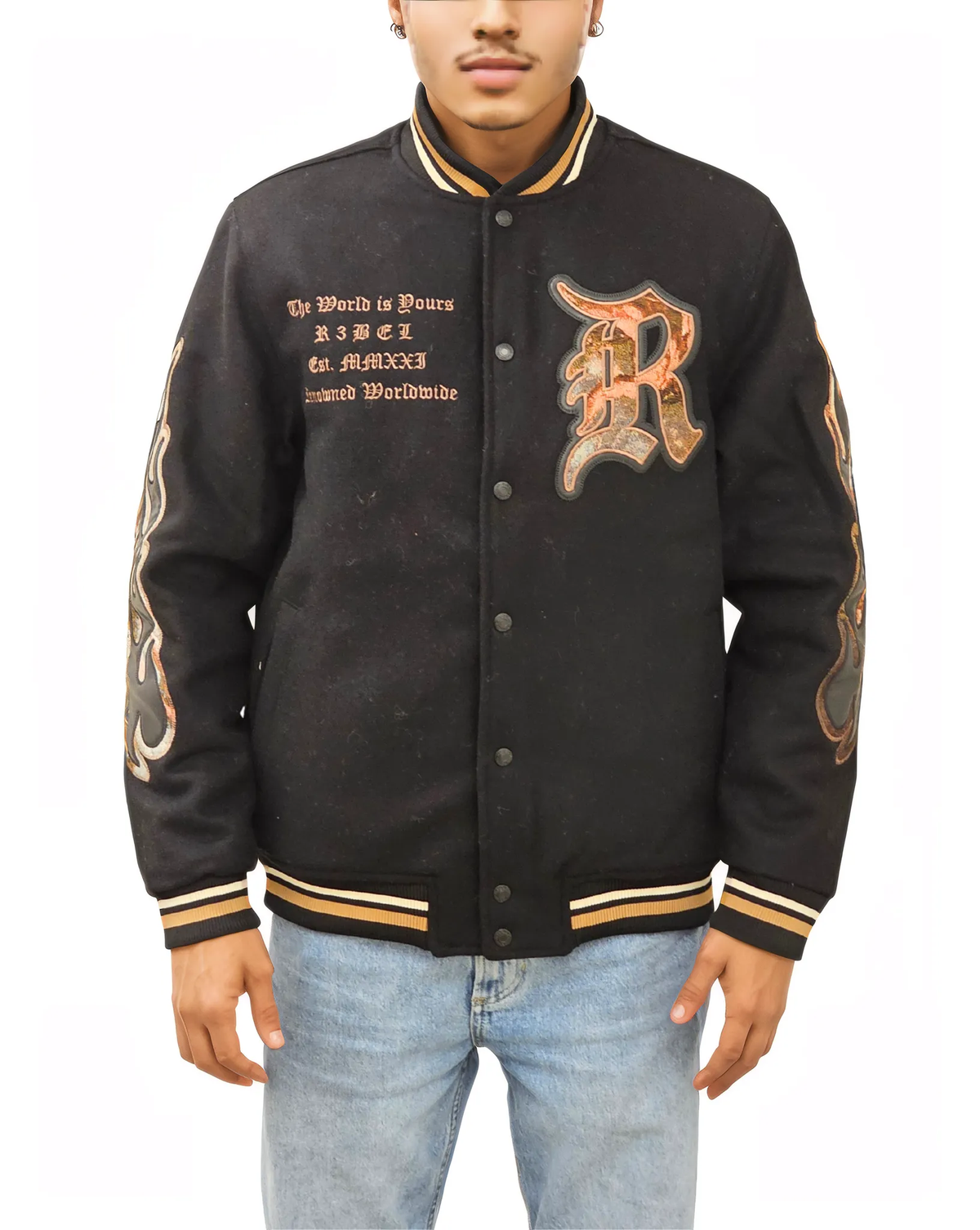 Mens Tapestry Patch Varsity Jacket
