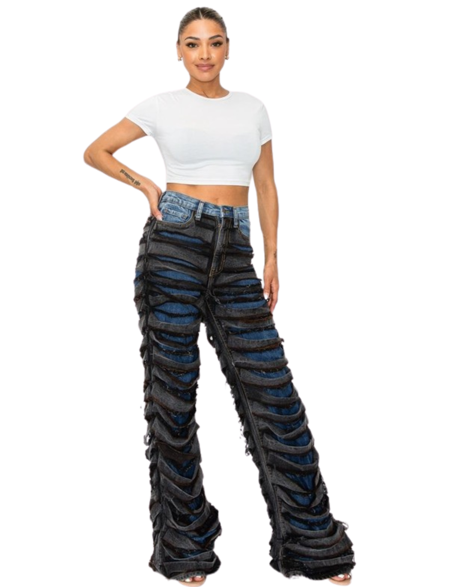 Womens Ripped Lines High Raise Layered Cut Stack Jean