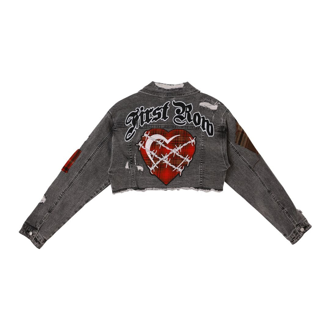 Womens Plaid Applique Denim Crop Jacket