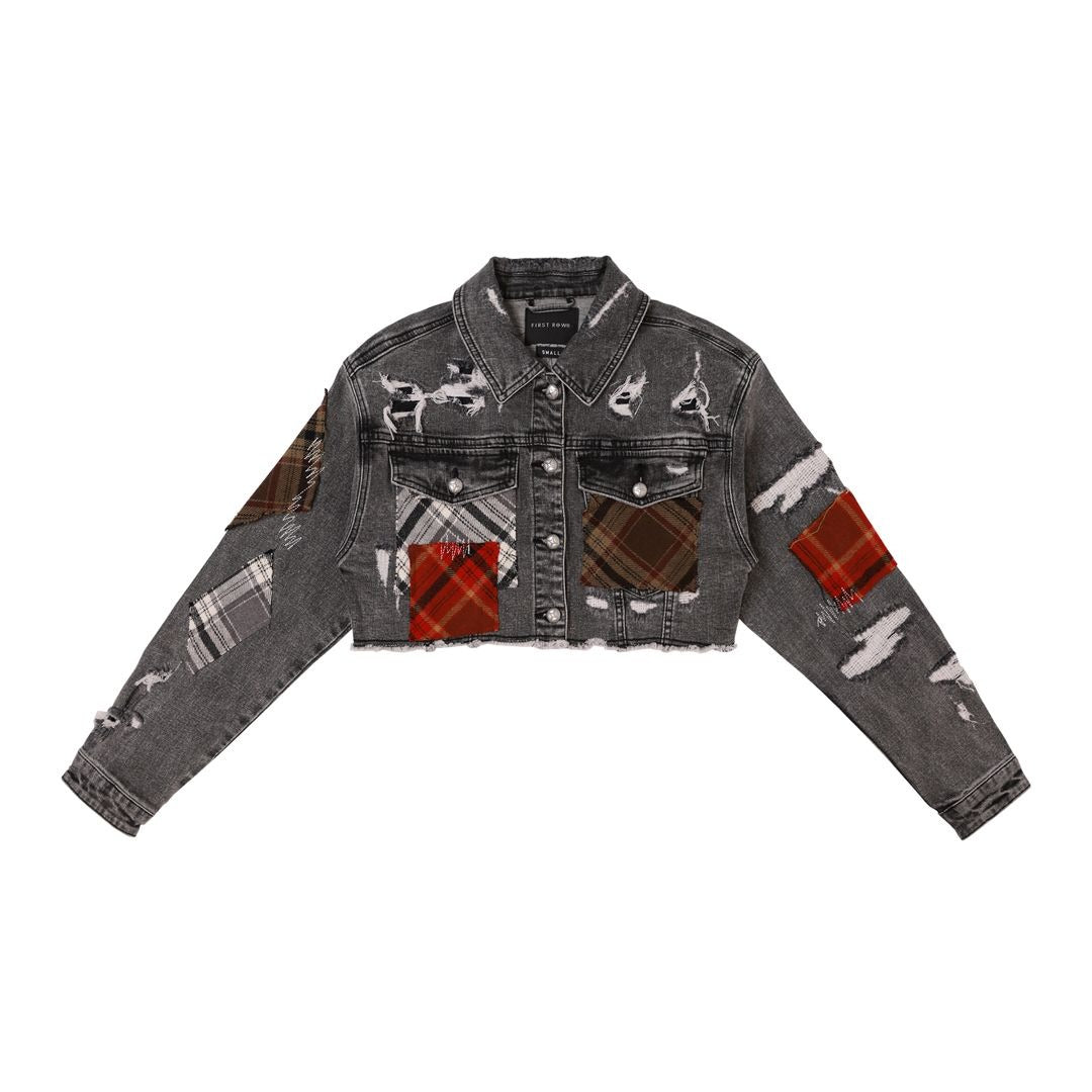 Womens Plaid Applique Denim Crop Jacket