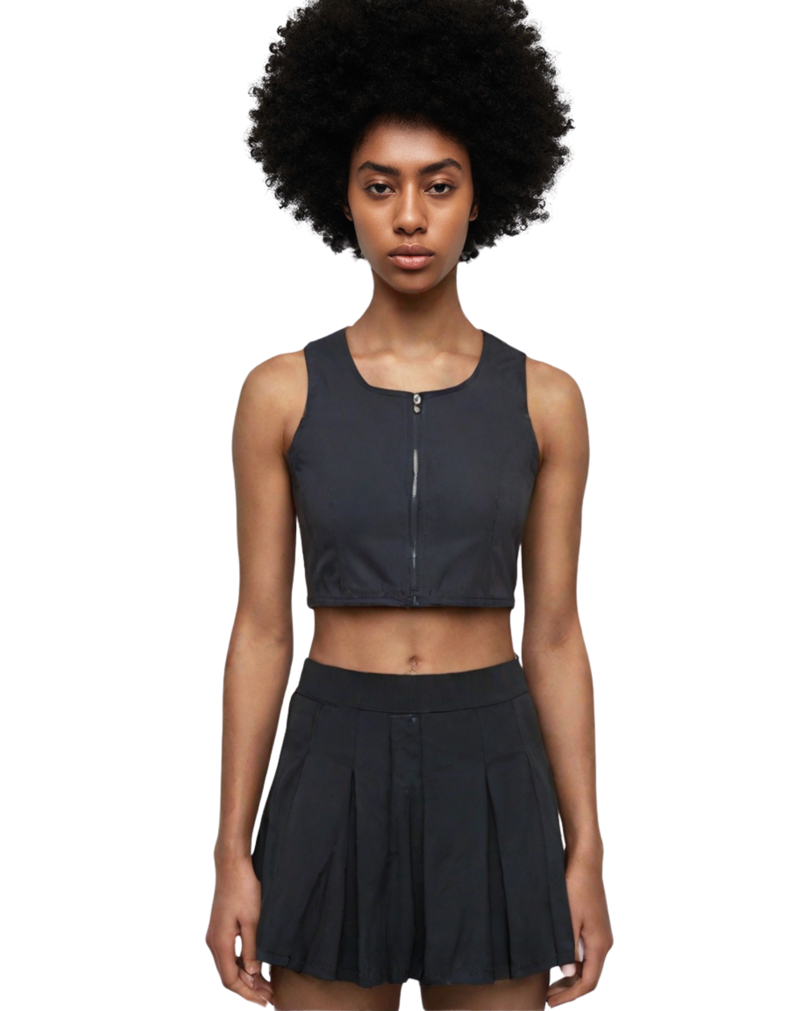 Womens Zipped Crop-Top & Pleated Mini Skirt Set