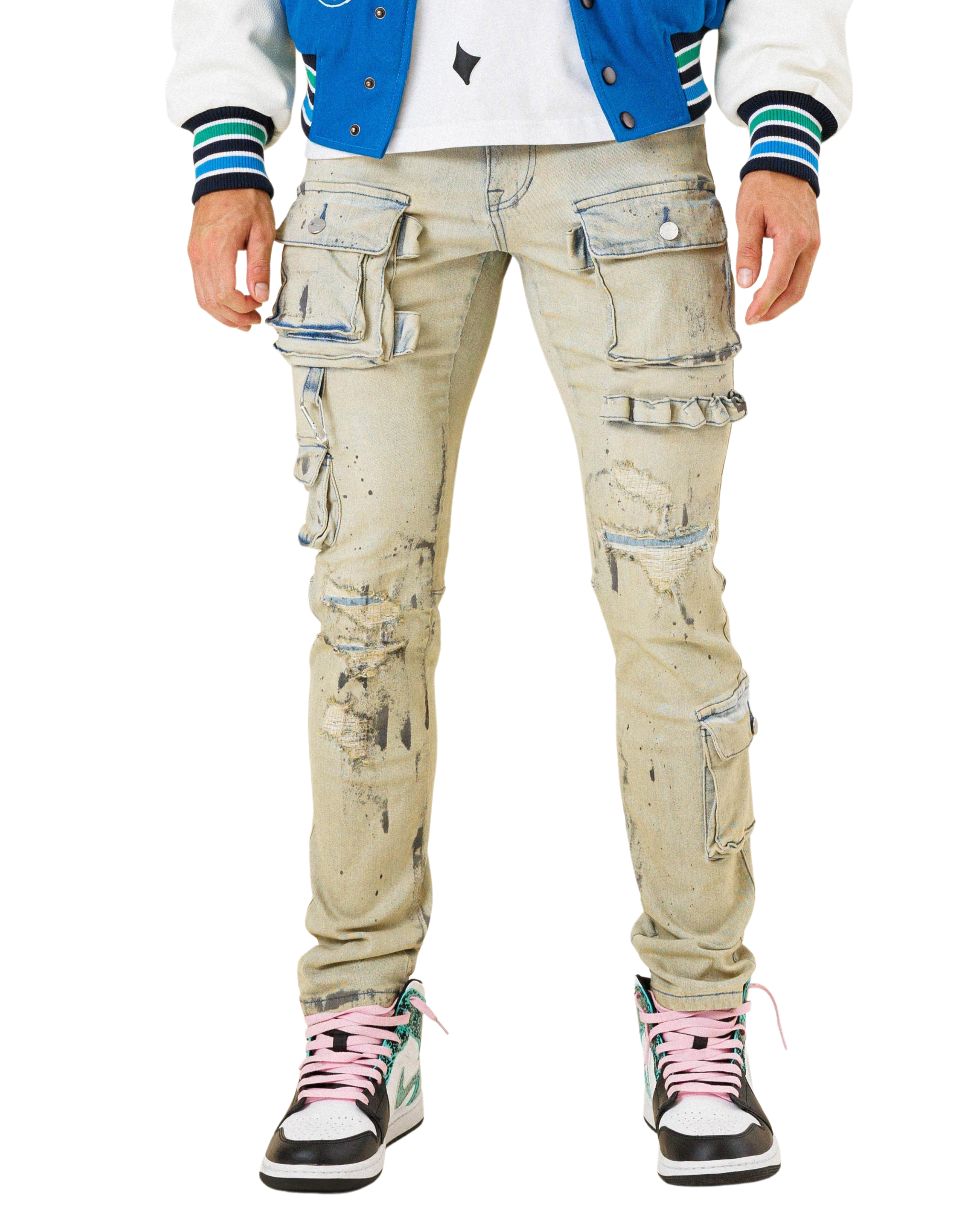 Mens Multi Cargo Pocket Slim Fit Denim Pants